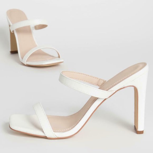 NEW🔥 White Square Open Toe Dual Strap Slide Mules Sandals High Heel Slip-On - Picture 4 of 5